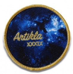 Printed patch with embroidered text